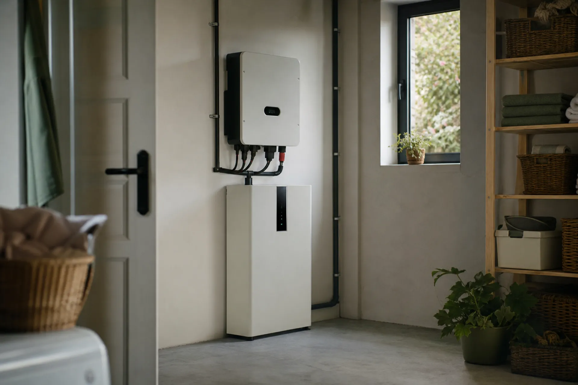 Local technique d'une maison rénovée avec onduleur solaire et batterie domestique fixés au mur