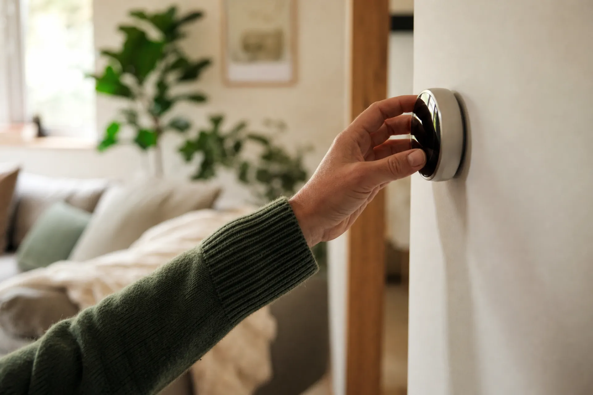 Main réglant un thermostat mural moderne dans un salon chaleureux et confortable