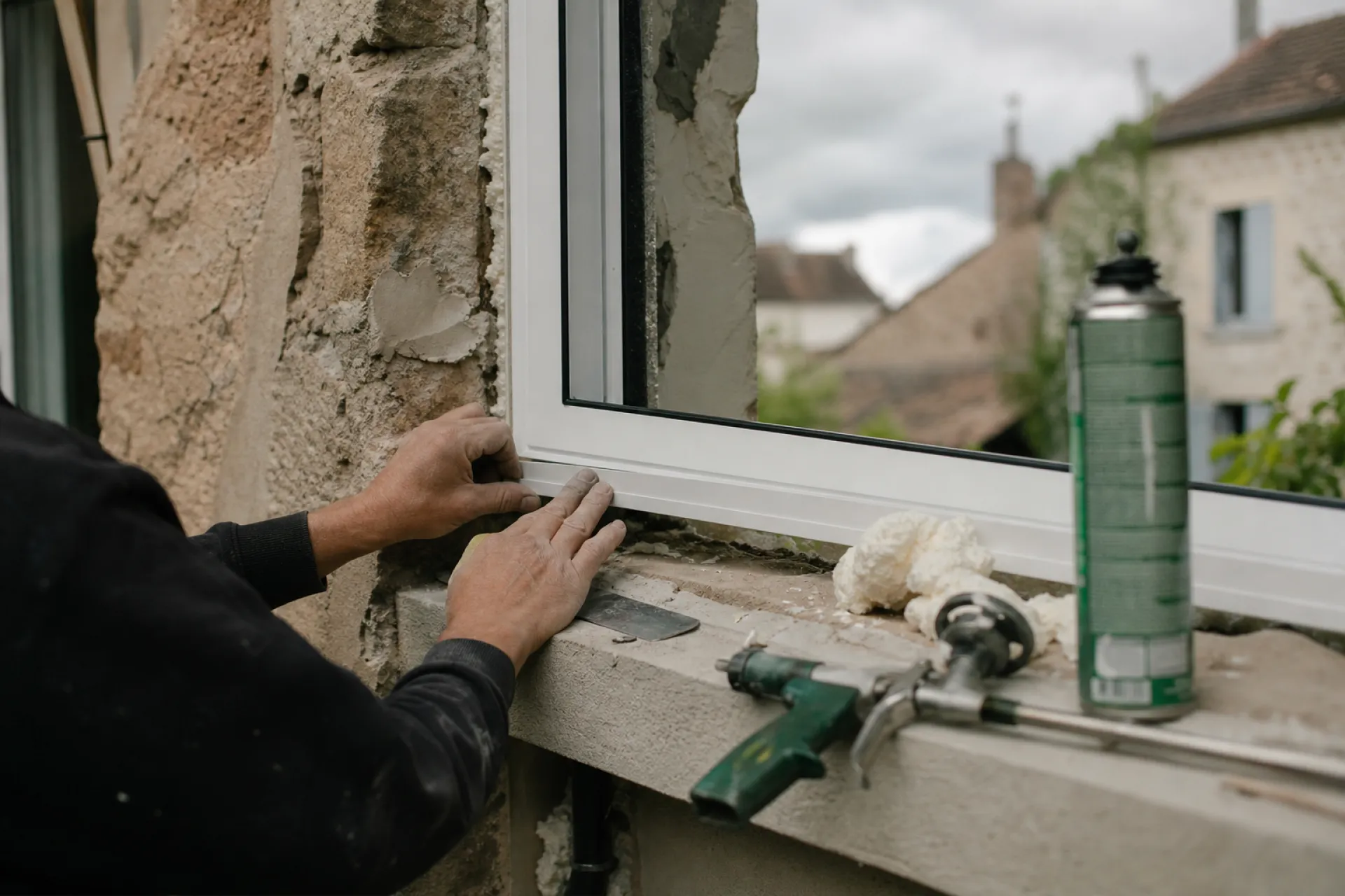 Mains d'un artisan posant une fenêtre double vitrage dans un mur en pierre