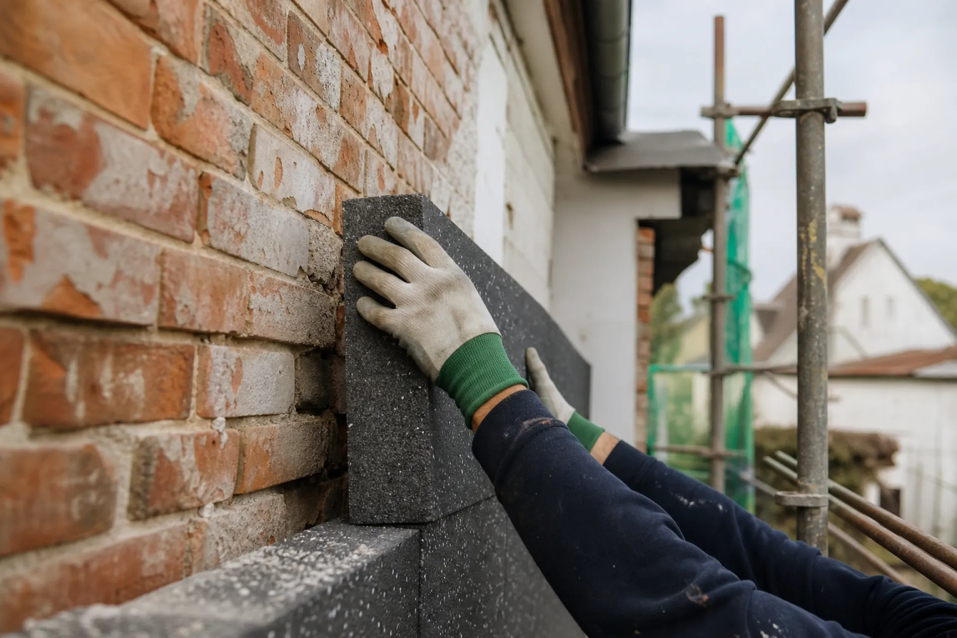 Mains gantées d'un ouvrier posant des panneaux isolants sur le mur extérieur d'une maison en rénovation