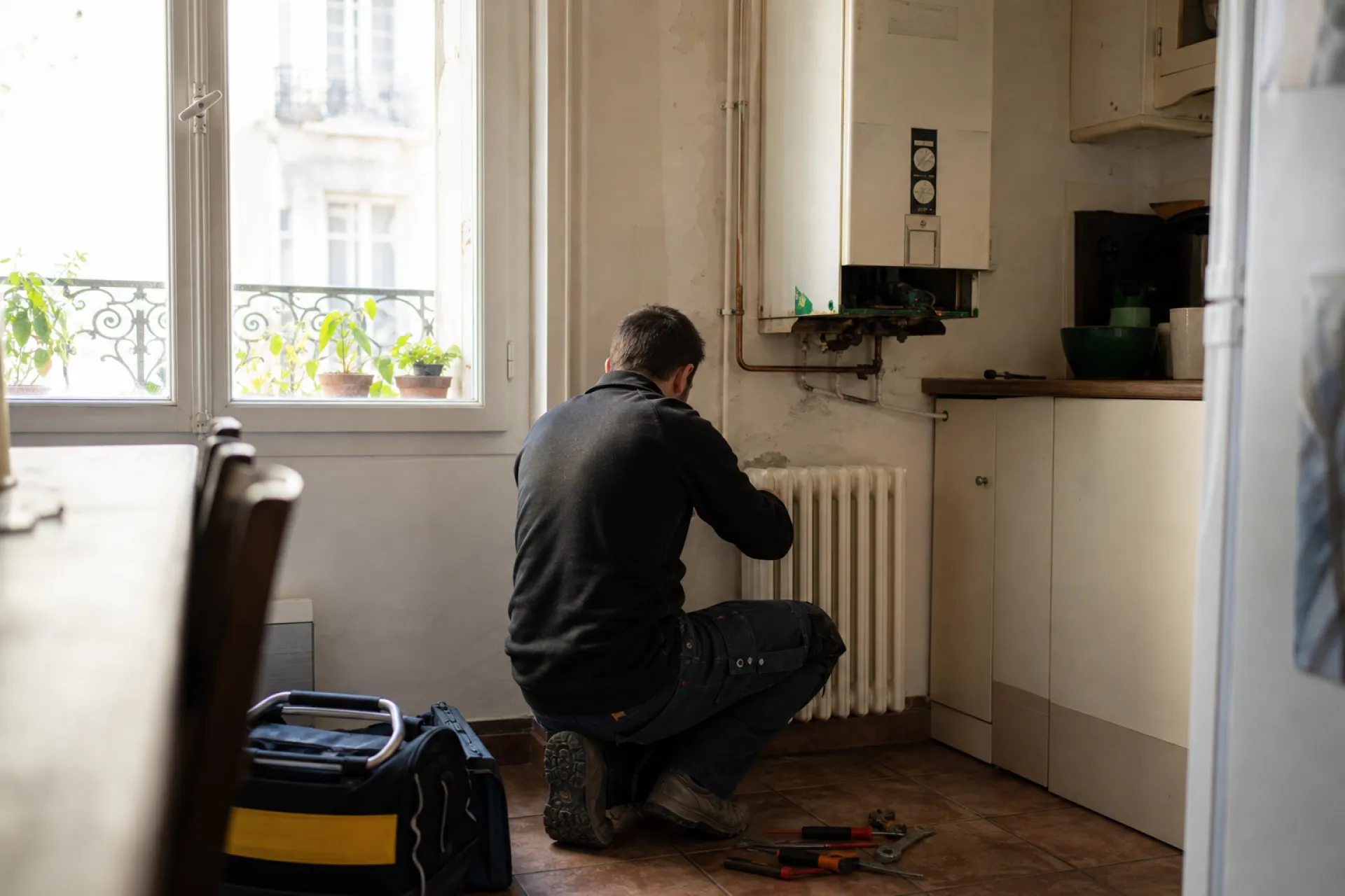 Technicien de dos vérifiant un radiateur et une chaudière à gaz dans la cuisine d'un appartement